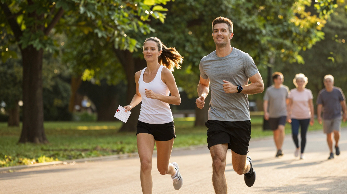 Casal a correr num parque durante o dia com outras pessoas a caminhar ao fundo.