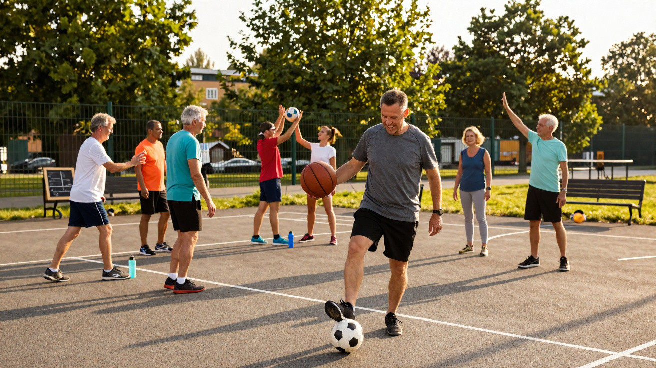 Grupo de adultos a jogar basquetebol e futebol num campo ao ar livre numa tarde de sol.