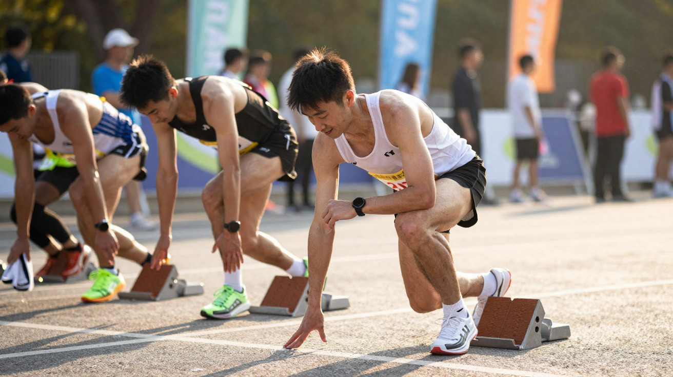 Atletas preparados na posição de partida para corrida em pista durante competição ao ar livre.