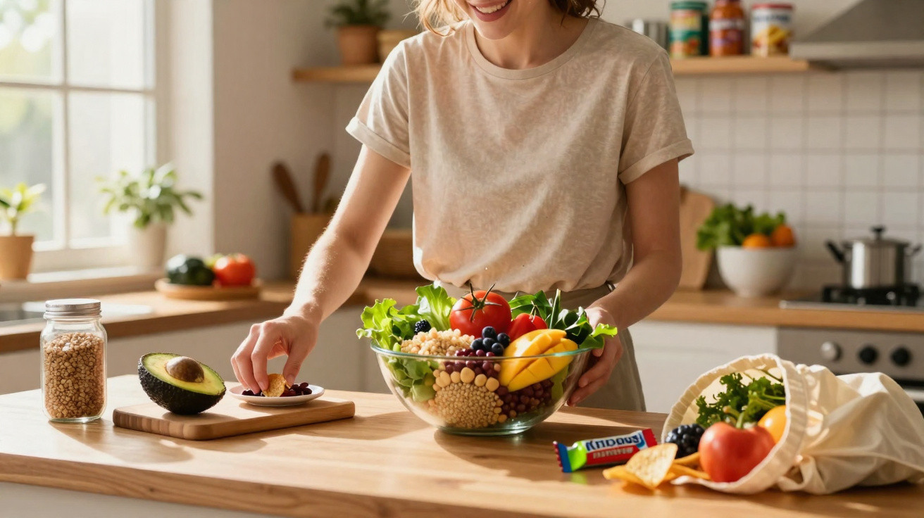 Pessoa a preparar uma salada saudável com legumes e frutas numa cozinha moderna e luminosa.
