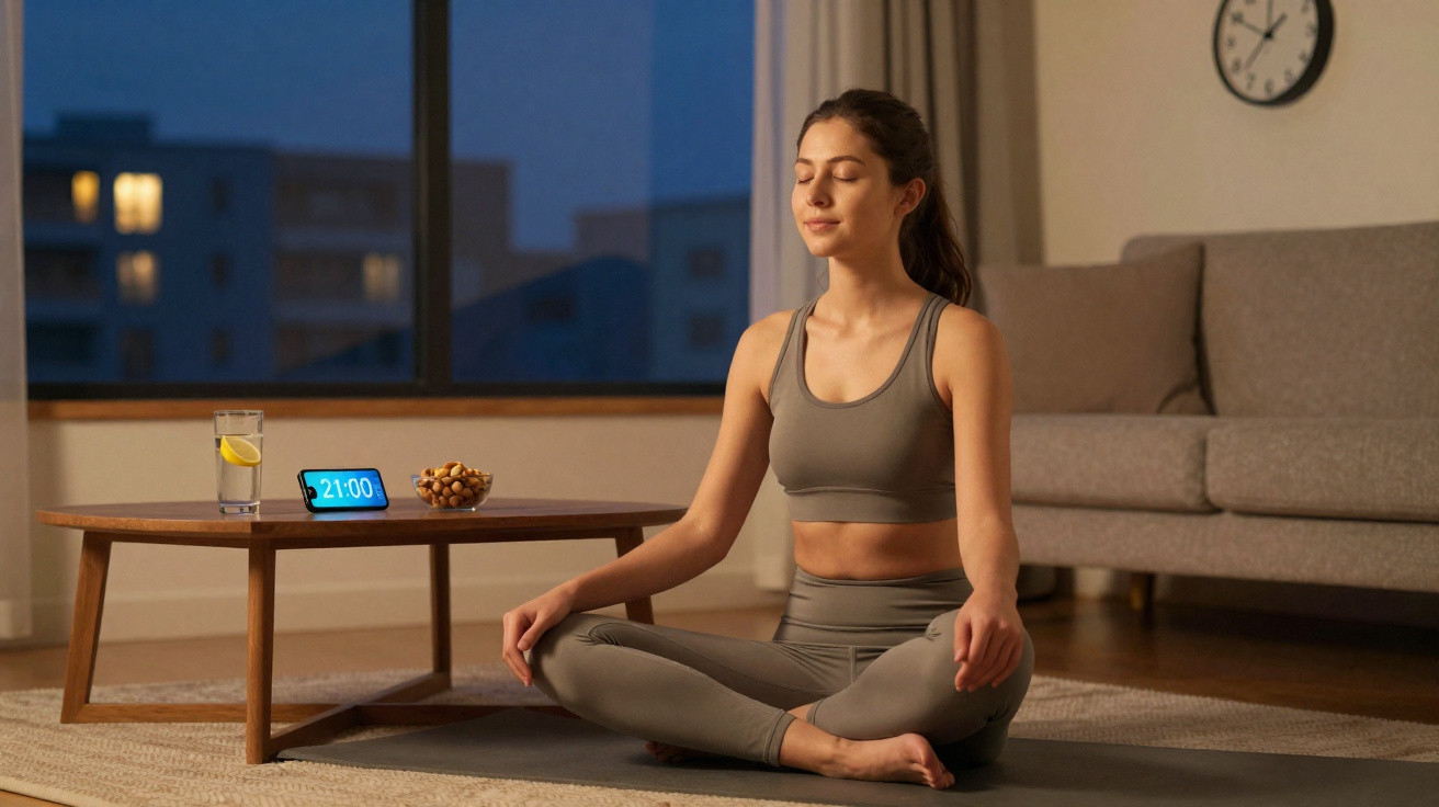 Mulher a meditar sentada de pernas cruzadas numa sala iluminada ao entardecer, junto a uma mesa com água e frutos secos.