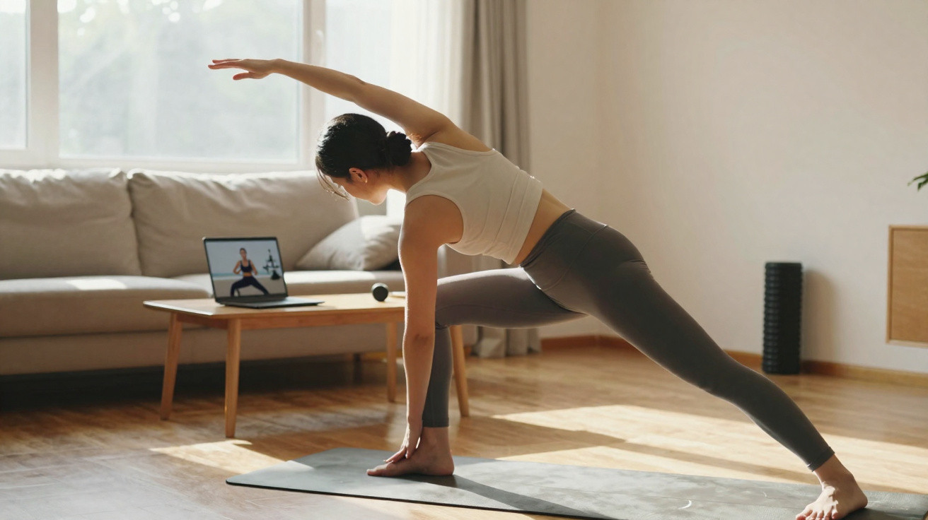 Mulher a fazer alongamento numa sala, acompanhando aula de yoga online num computador portátil.