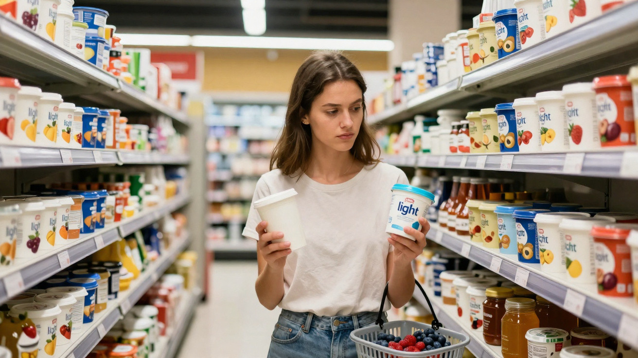 Mulher de camisa branca escolhe iogurtes light na prateleira de supermercado.