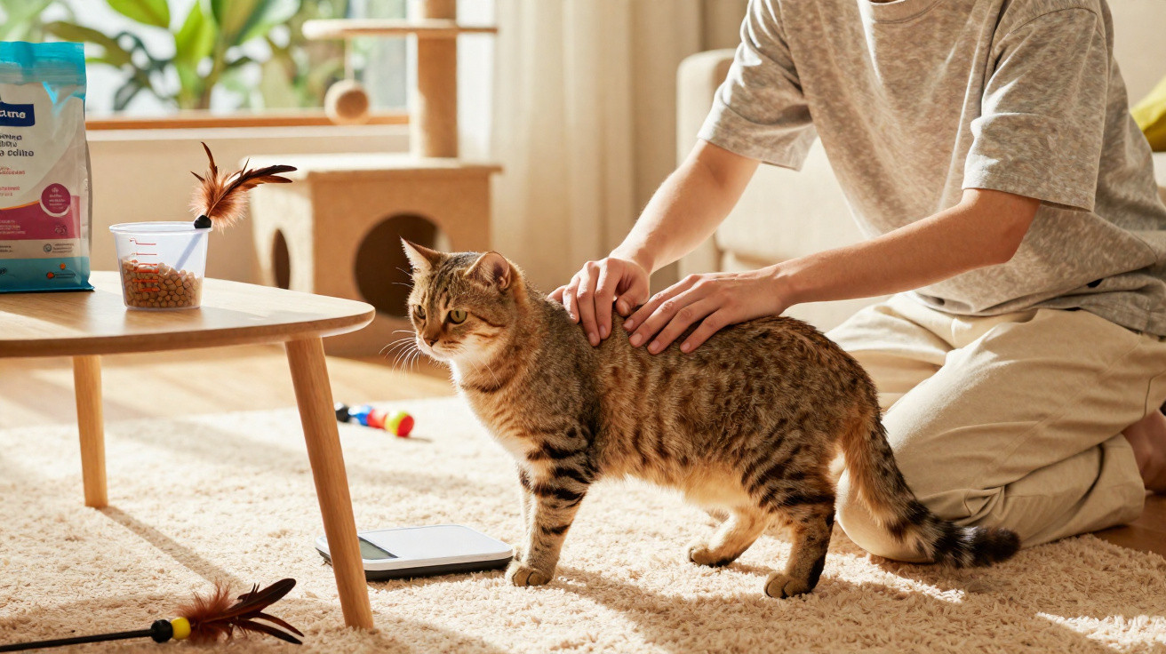 Pessoa a fazer a inspeção de um gato castanho às riscas numa sala luminosa com brinquedos no chão.