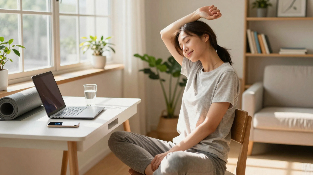 Mulher jovem sentada a alongar-se junto a secretária com computador portátil num ambiente luminoso e relaxante.