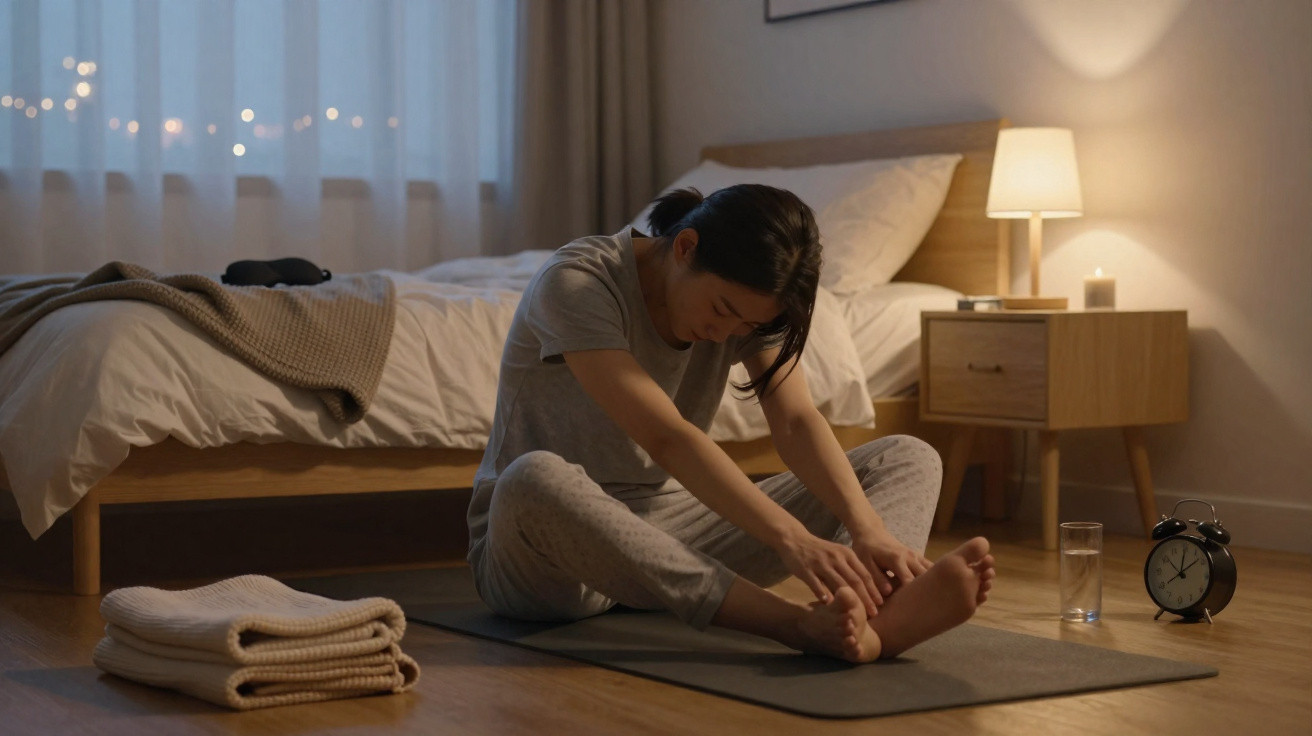 Mulher a fazer alongamentos sentada no chão do quarto, com luz suave e ambiente acolhedor.