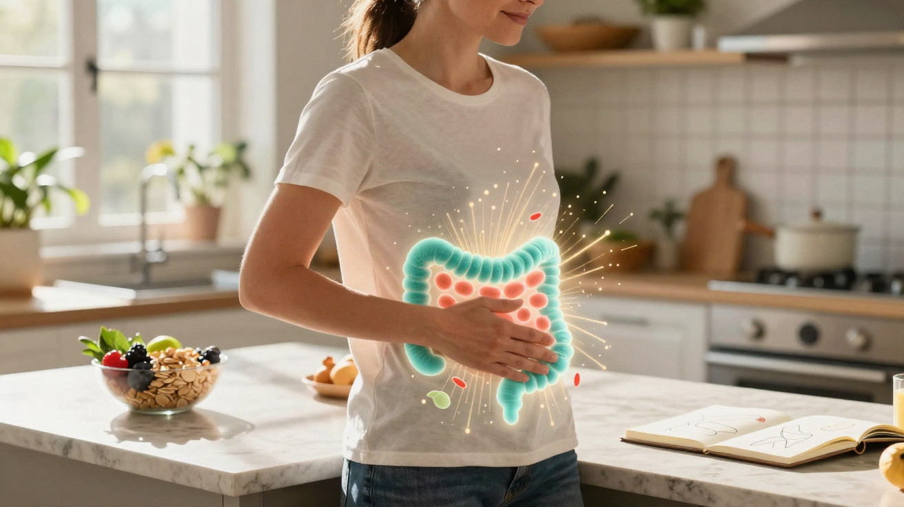 Mulher na cozinha com ilustração digital do sistema digestivo sobre a barriga, segurando-a suavemente.