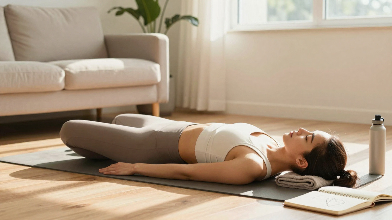 Mulher deitada em tapete de yoga, relaxando após exercício, com garrafa e caderno à sua volta.