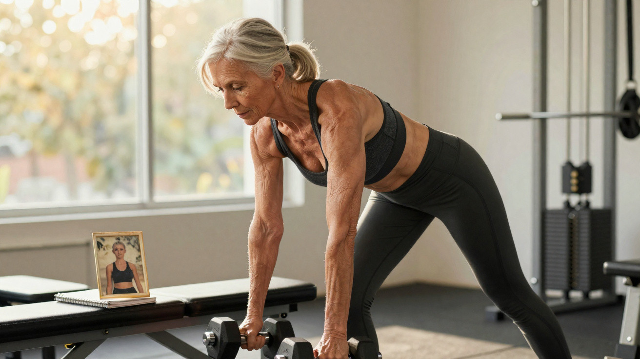 Mulher idosa a fazer exercício com halteres numa academia iluminada por luz natural.