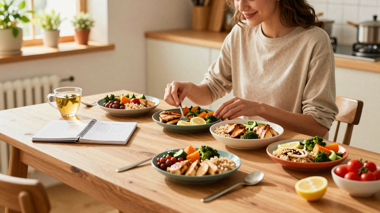 Pessoa a preparar várias refeições saudáveis com vegetais, arroz e chá numa cozinha iluminada.