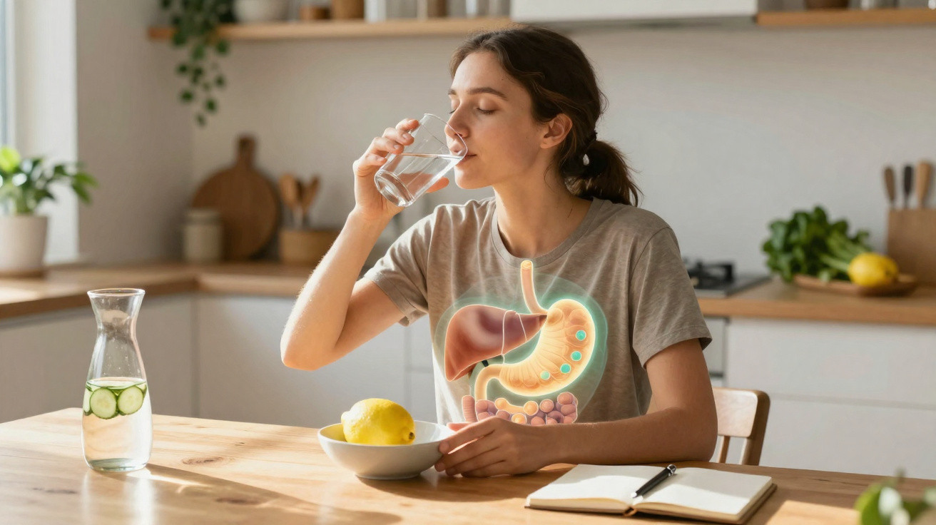 Mulher a beber um copo de água sentada à mesa, com ilustração dos órgãos digestivos no peito.