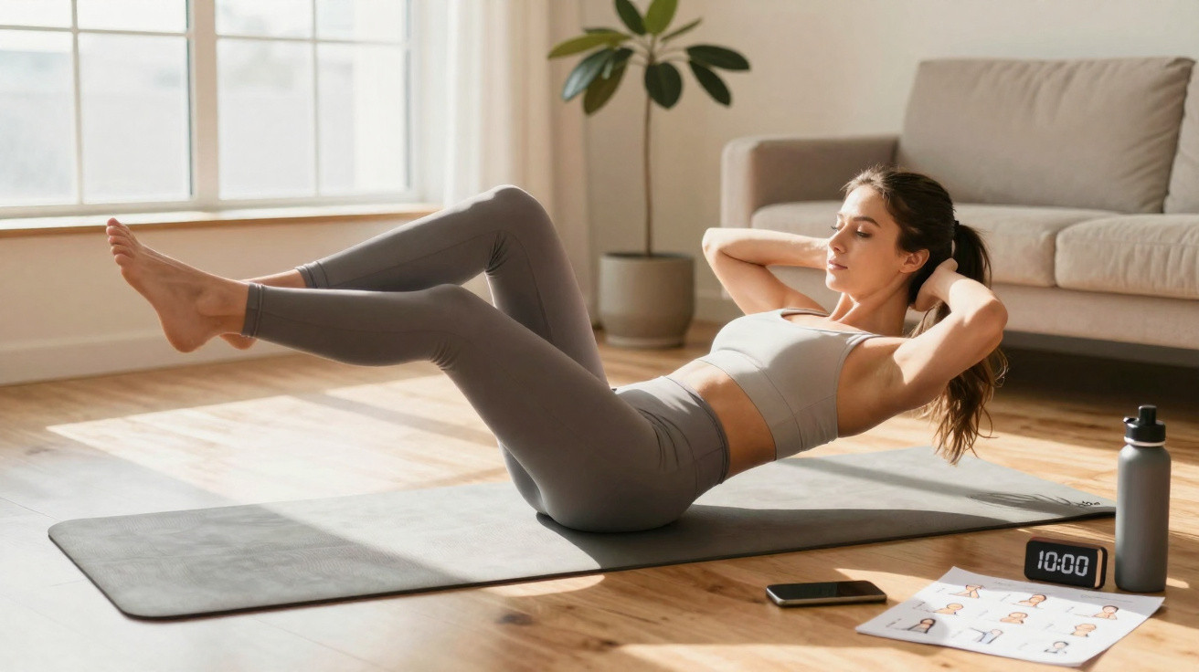 Mulher jovem a fazer exercício de solo em tapete de yoga numa sala de estar iluminada.
