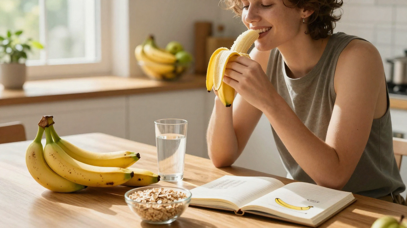 Pessoa a comer uma banana à mesa com várias bananas, uma tigela de cereais, um copo de água e um caderno aberto.