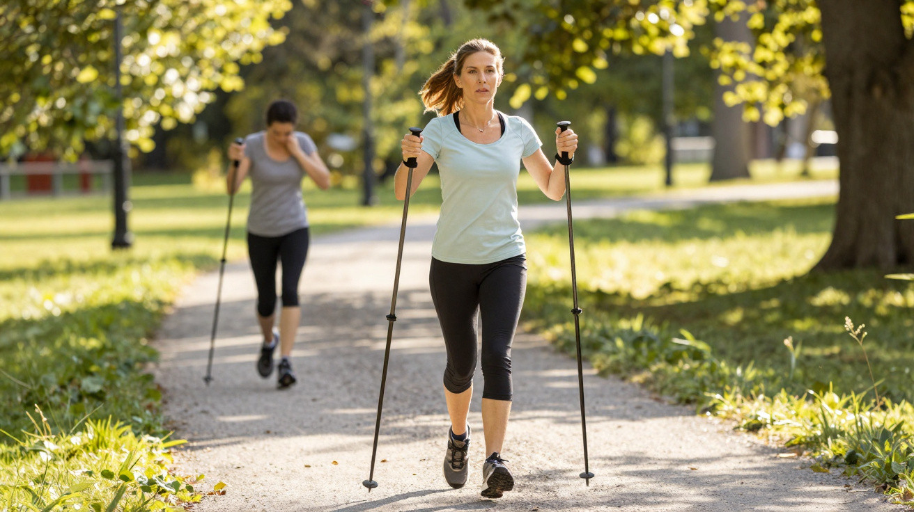 Duas mulheres a praticar caminhada com bastões num parque em dia solarengo.