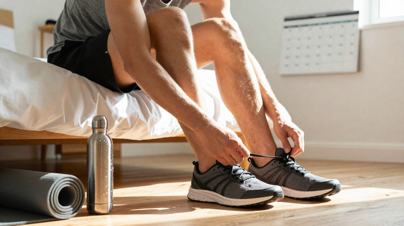 Pessoa a calçar sapatilhas desportivas junto a uma cama, com garrafa de água e tapete de yoga no chão.