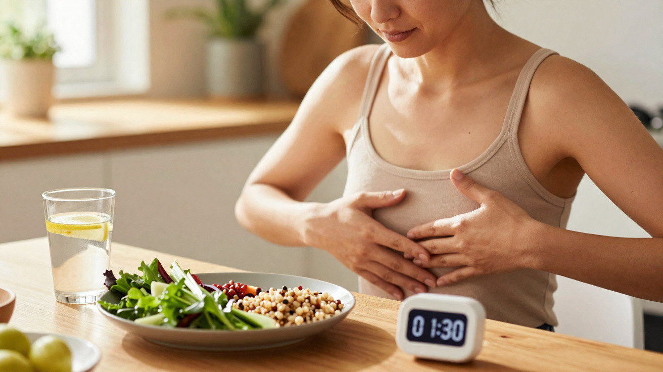 Mulher com mãos na barriga sentada à mesa com prato de comida saudável e relógio digital à frente.