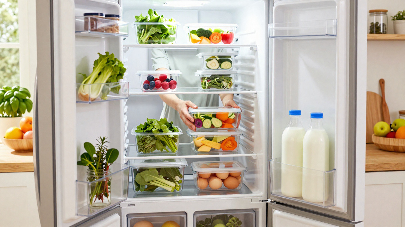 Interior de frigorífico organizado com legumes e frutas frescas em recipientes plásticos transparentes.