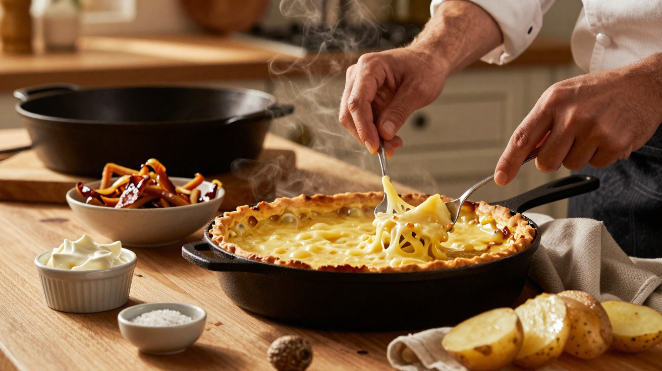 Pessoa a servir uma tarte de queijo quente e fumegante numa frigideira na cozinha.