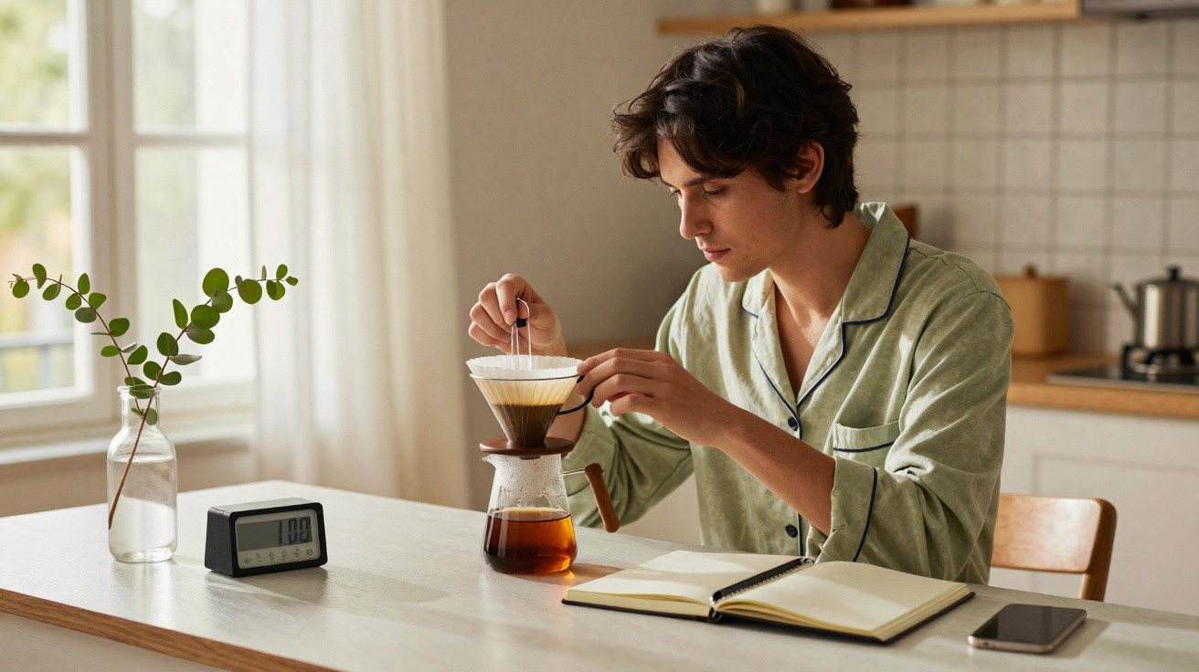 Pessoa em pijama prepara café de filtro artesanal numa cozinha iluminada, junto a livro aberto e relógio digital.
