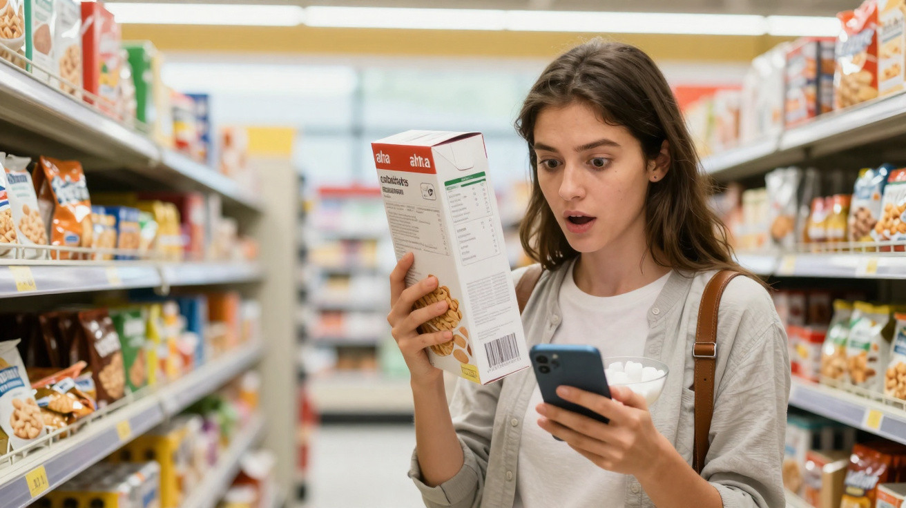 Jovem no supermercado a segurar caixa de cereais, a ler informação nutricional, com telemóvel e taça de açúcar.