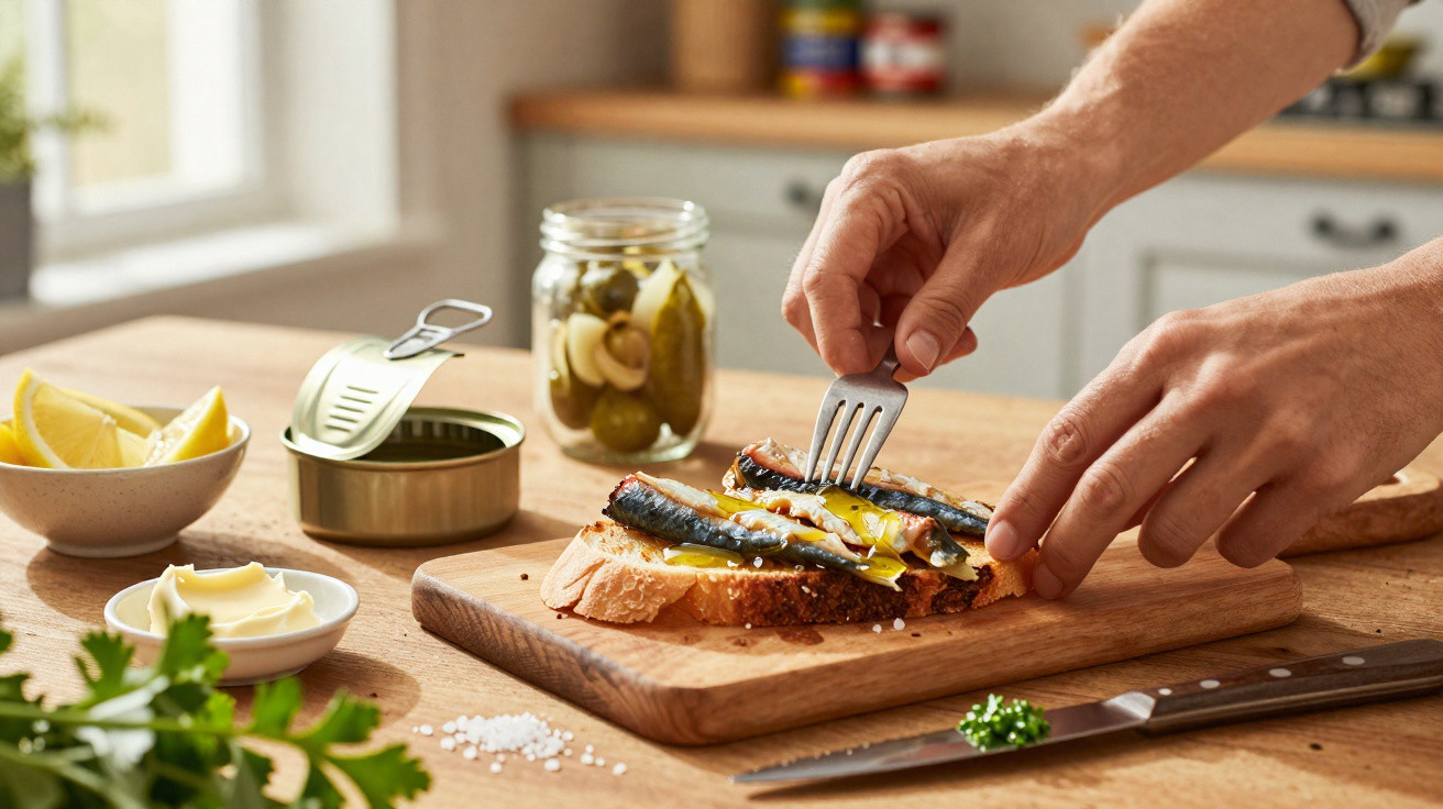 Pessoa a preparar tosta de sardinhas em tábua de madeira na cozinha com frutos e temperos à volta.