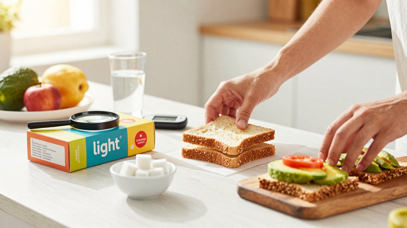Pessoa a preparar sanduíche com pão, alface e tomate numa cozinha iluminada.