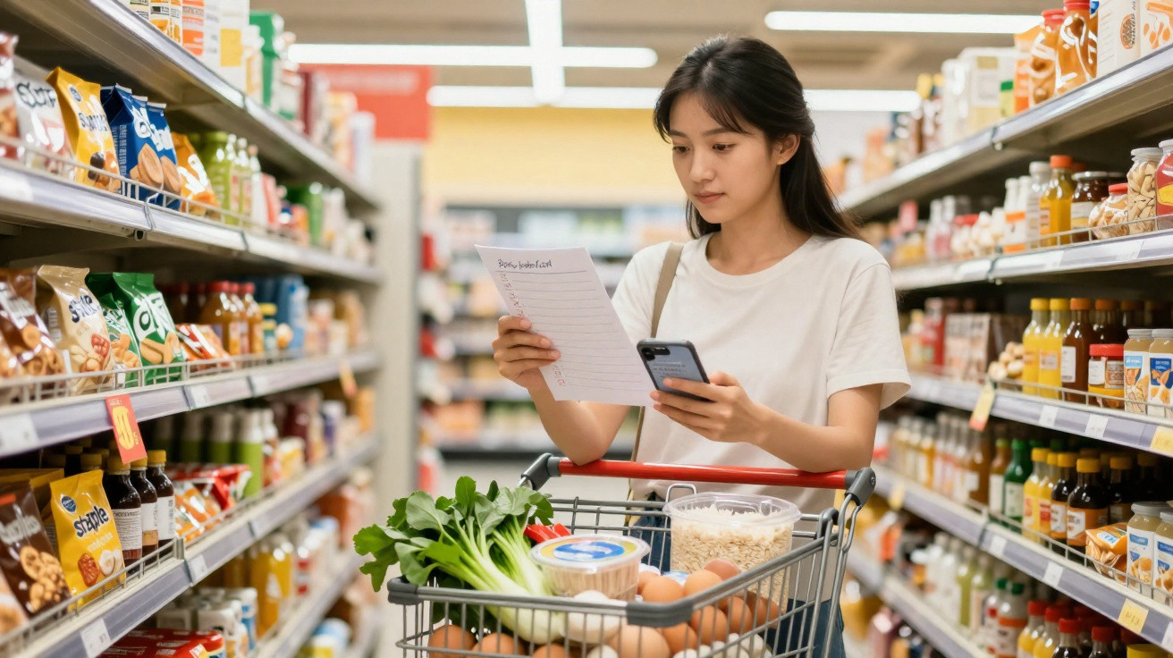 Mulher compra no supermercado, verifica lista enquanto empurra carrinho com legumes, ovos e legumes frescos.