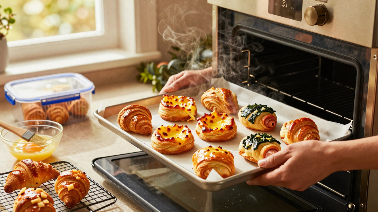 Pessoa retira tabuleiro com croissants e pastéis de forno quente numa cozinha iluminada.