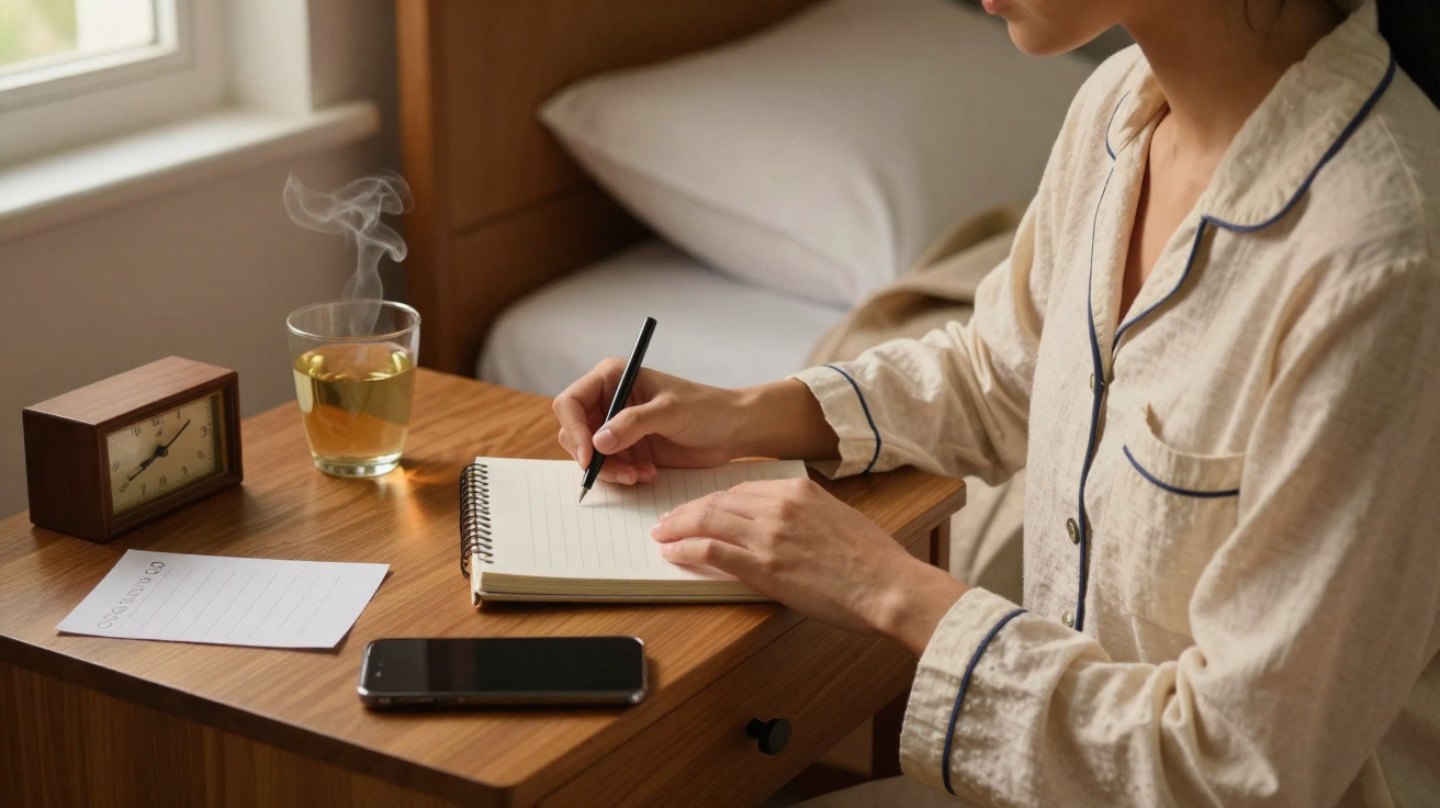 Pessoa de pijama escrevendo num caderno numa mesa com telemóvel, chá, relógio e manta.