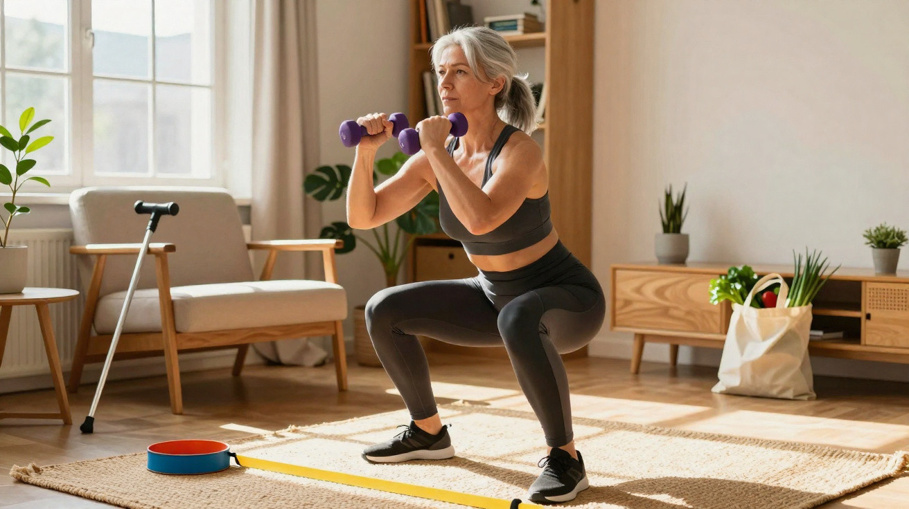 Mulher sénior faz exercício físico em casa usando pesos, com uma canadiana apoiada numa cadeira ao lado.