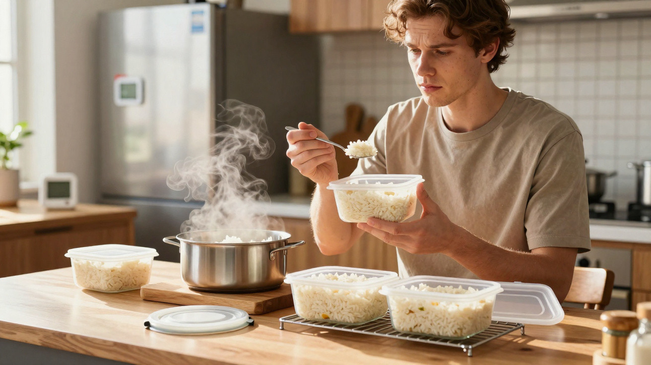 Homem a guardar arroz quente em vários recipientes de plástico numa cozinha moderna.