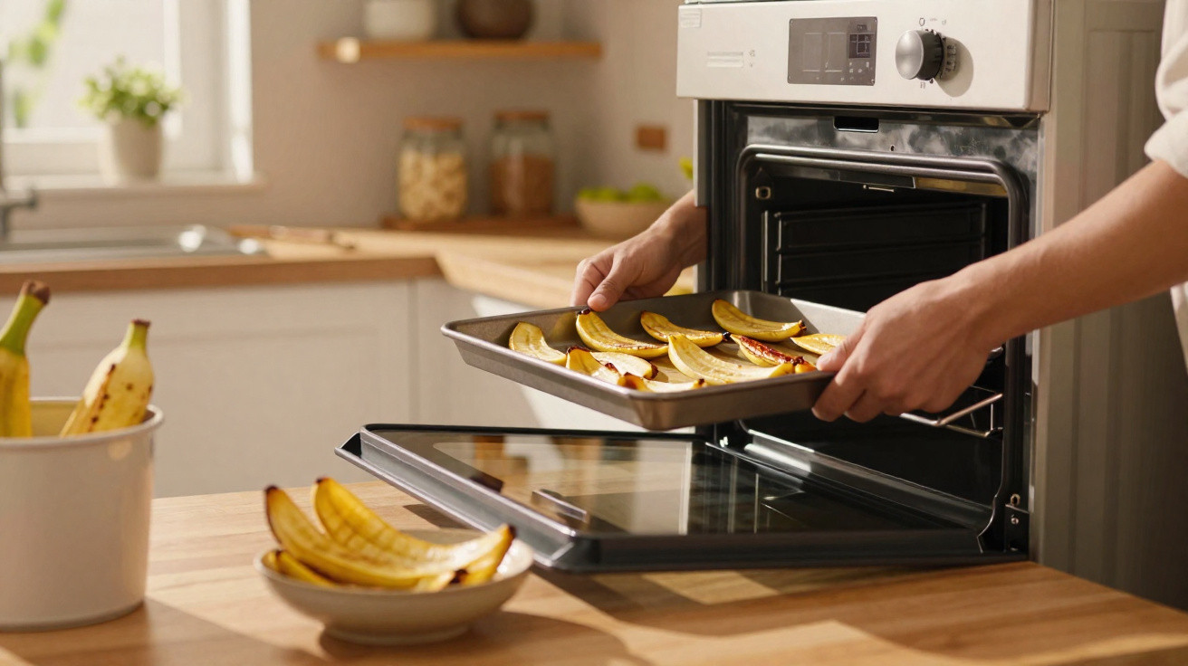 Pessoa a colocar tabuleiro com fatias de banana no forno numa cozinha moderna.