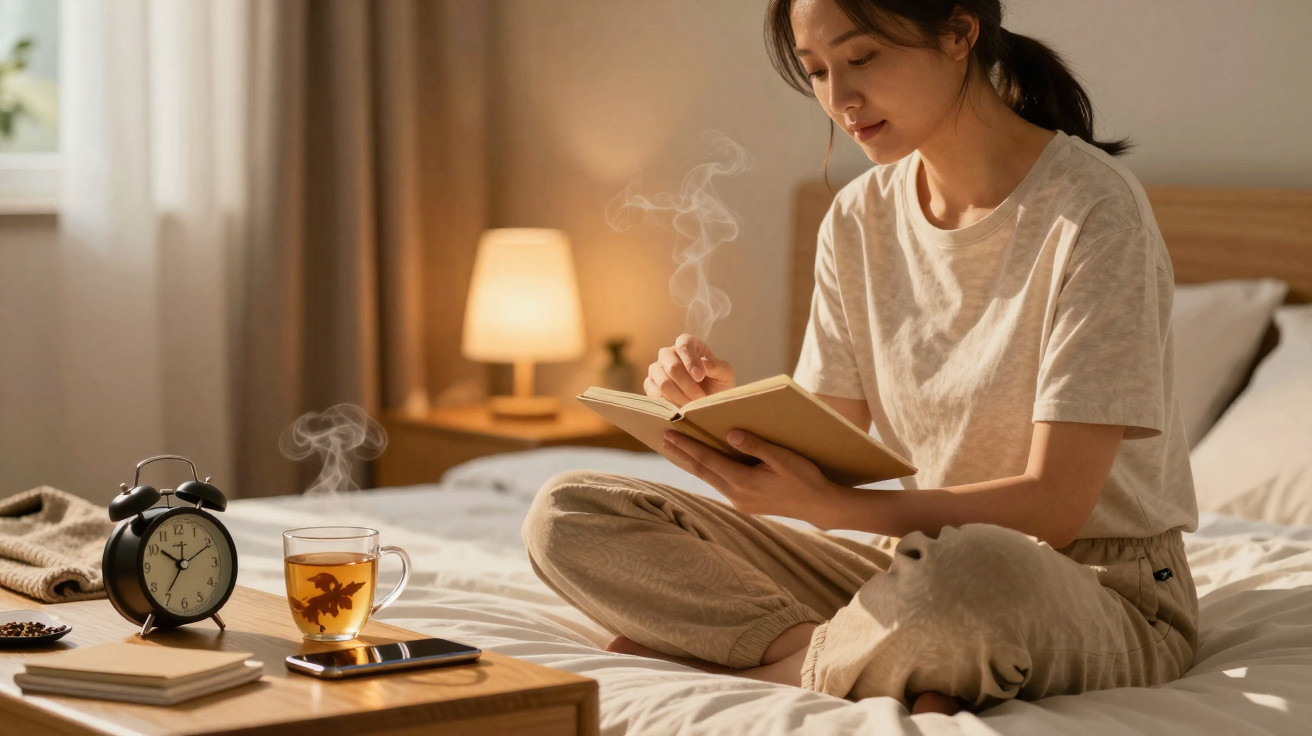 Mulher sentada na cama a escrever num caderno numa atmosfera acolhedora com chá e relógio despertador na mesa.
