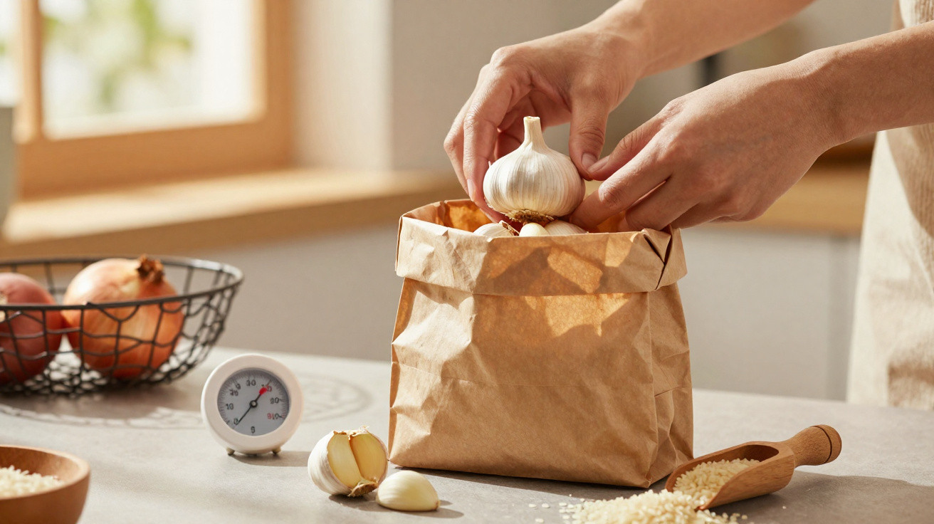 Mão a colocar cabeça de alho num saco de papel numa cozinha com cebolas e arroz sobre a mesa.