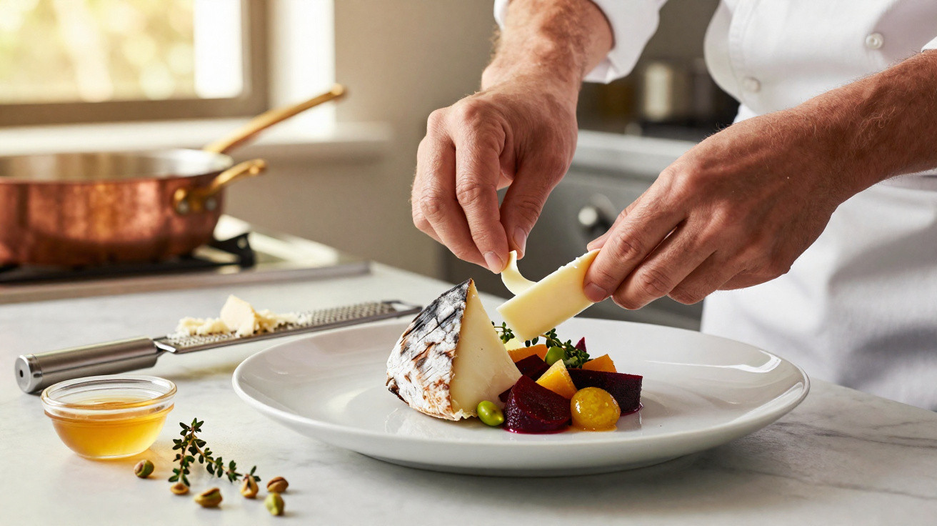 Chef a decorar prato gourmet com queijo, frutas cítricas, beterraba e pistáchios numa cozinha profissional.