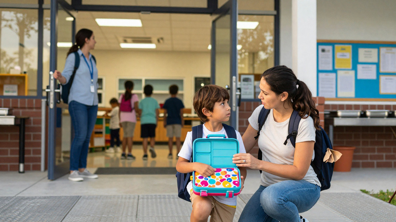 Mãe ajoelhada a falar com filho na entrada da escola enquanto professora abre a porta para mais crianças entrarem.