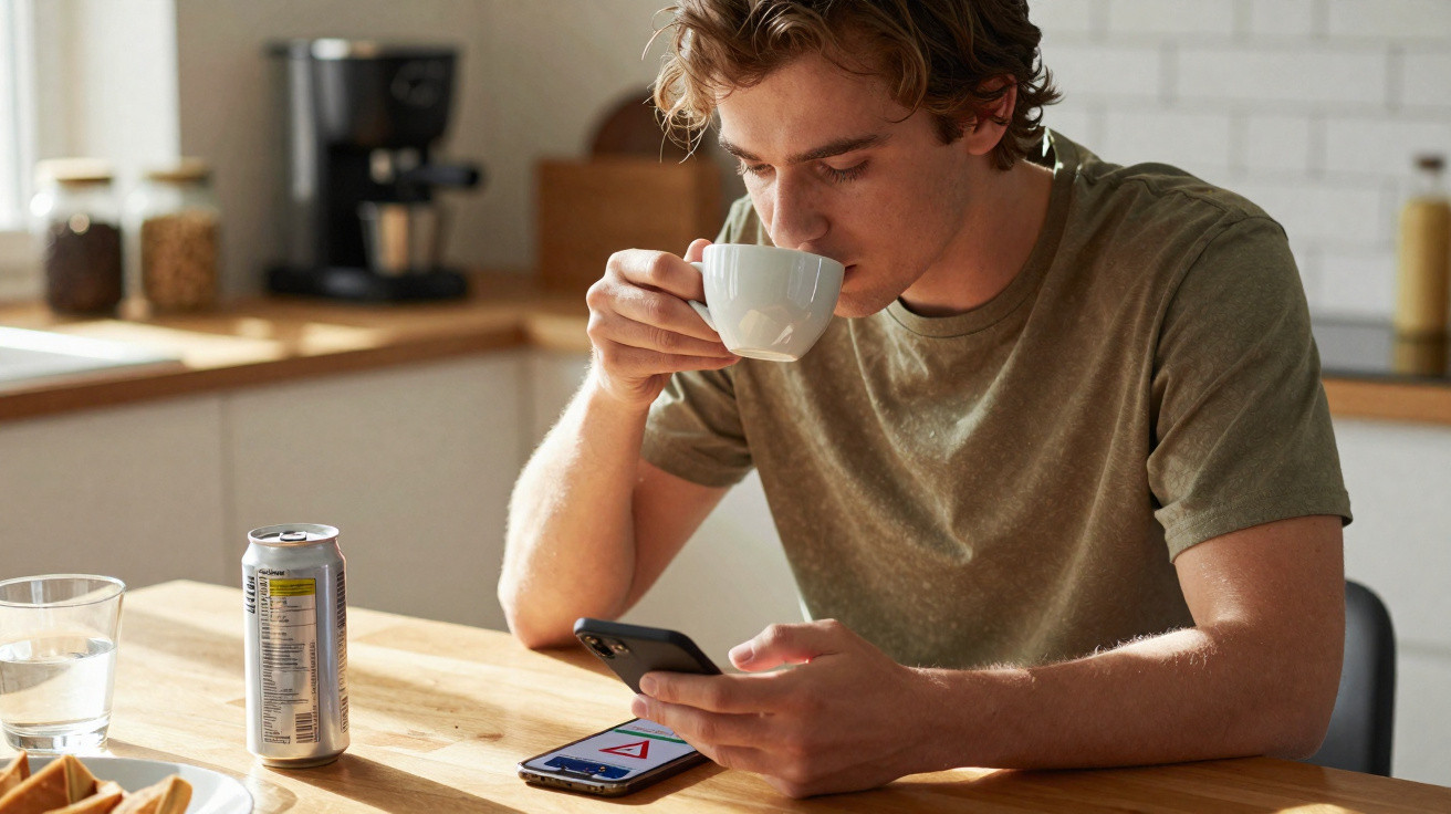 Homem a beber café e a olhar para um smartphone numa mesa de cozinha com bebida e comida.