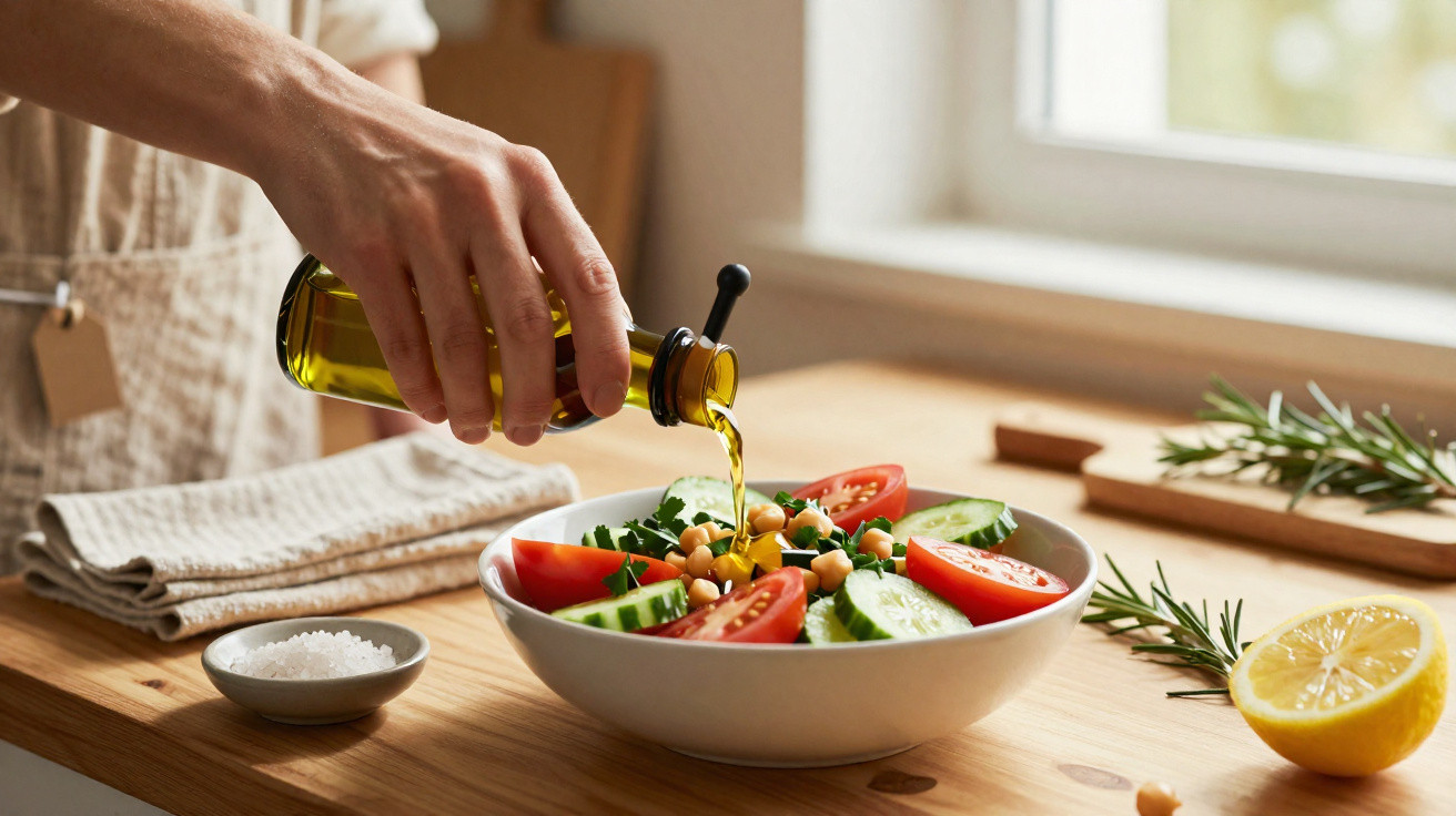 Mão a deitar azeite numa salada com tomate, pepino, grão-de-bico e folhas verdes numa cozinha iluminada.
