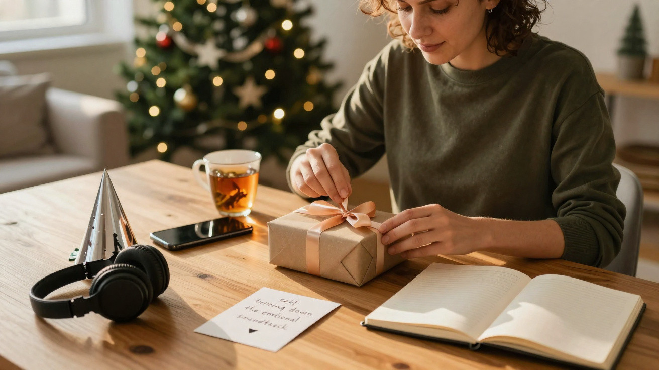 Pessoa a abrir presente junto a mesa com chá, livro, telemóvel e árvore de Natal decorada ao fundo.