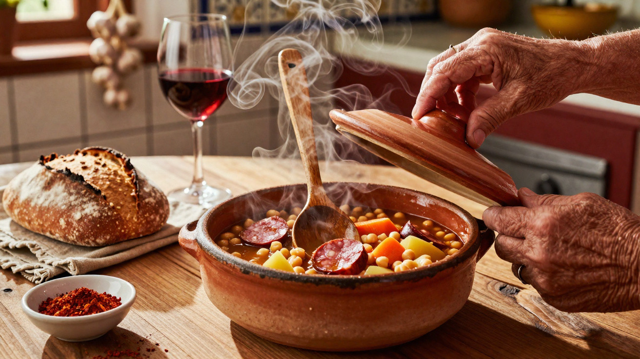 Cozinha tradicional com panela de barro, ensopado fumegante, pão rústico e copo de vinho tinto na mesa de madeira.