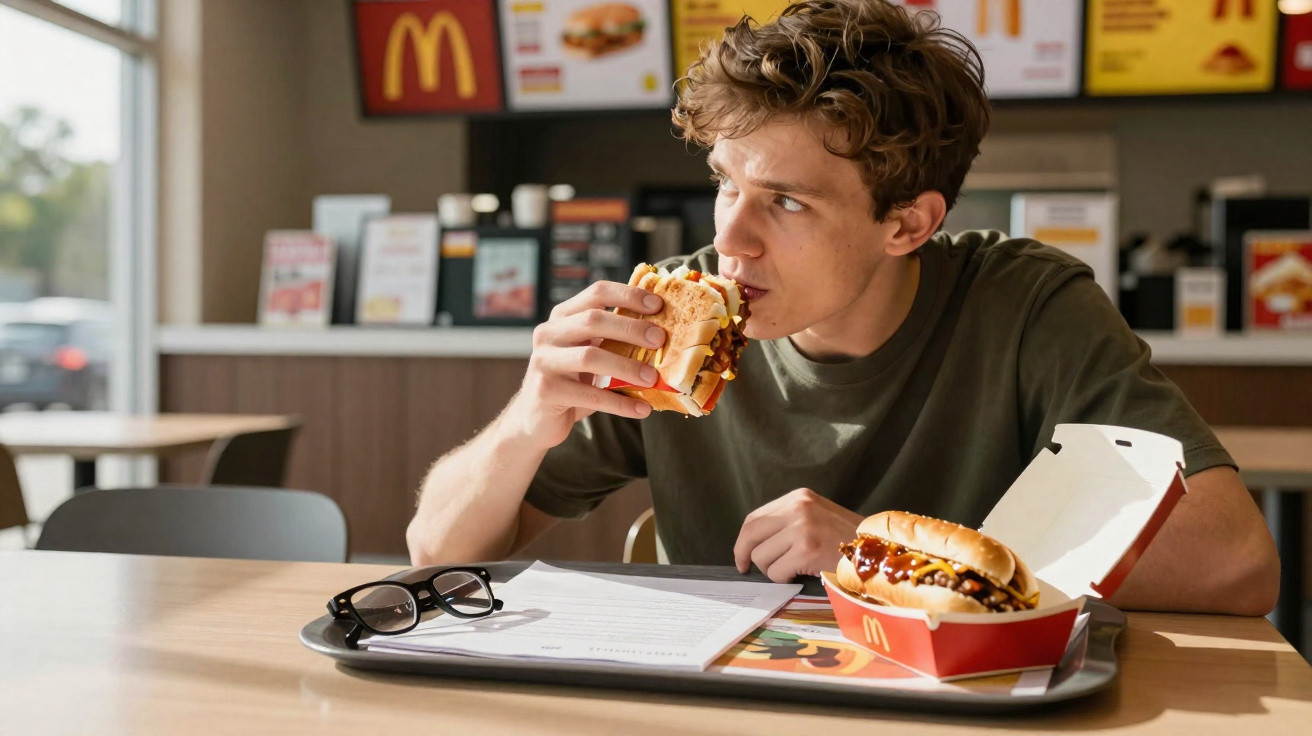 Jovem sentado a comer hambúrguer num restaurante McDonald's, com óculos e documentos à sua frente.