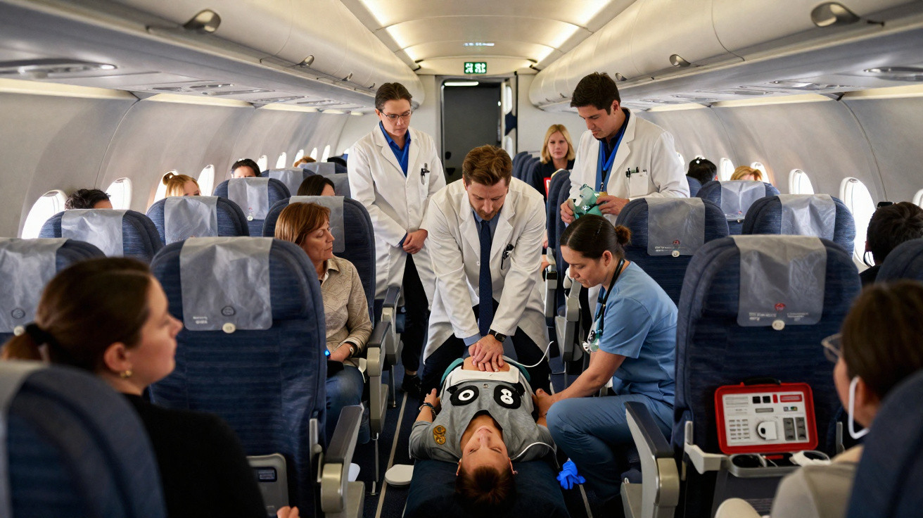 Médicos a realizar reanimação cardiopulmonar a um passageiro desmaiado dentro de um avião comercial.