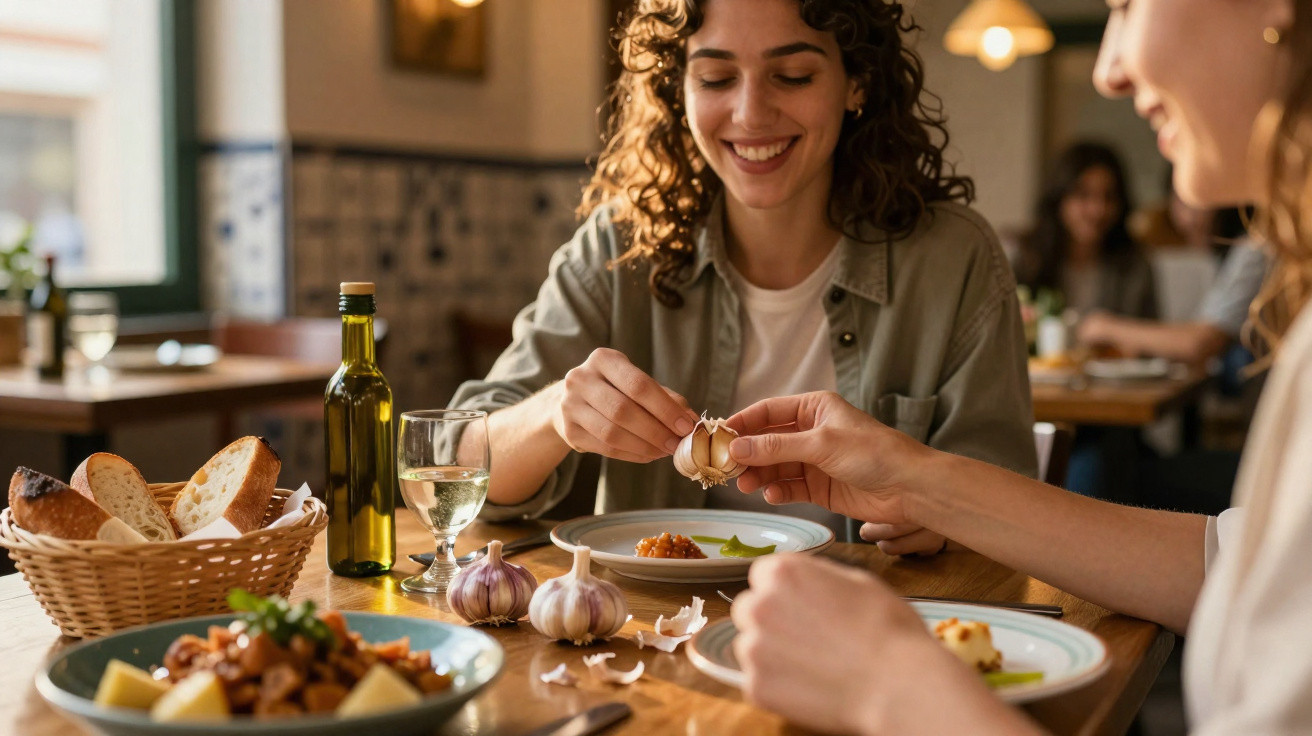 Jovem a espremer alho sobre prato numa refeição com amigos num restaurante acolhedor e iluminado.
