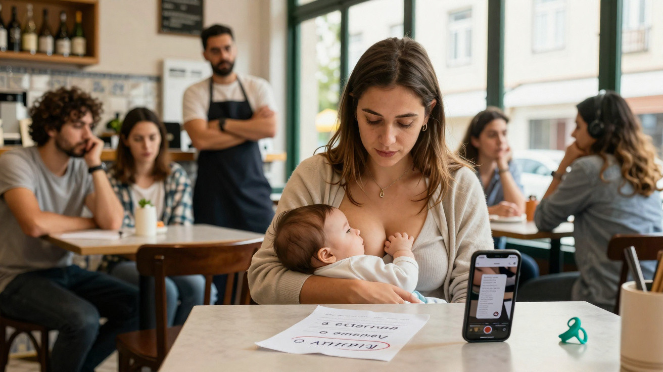 Mulher a amamentar bebé no café, com casal e empregado ao fundo e nota "a estragar o ambiente" numa mesa.