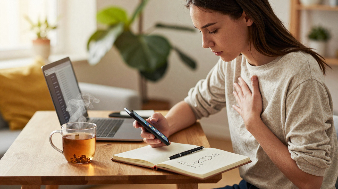 Mulher sentada na mesa com chá quente, a usar telemóvel e a escrever num caderno aberto.