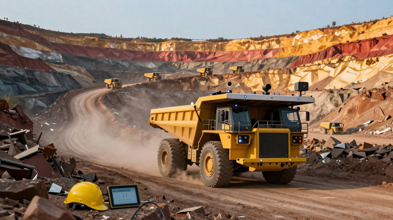Camião de mineração amarelo em estrada de terra numa mina a céu aberto com cascalho e capacete.