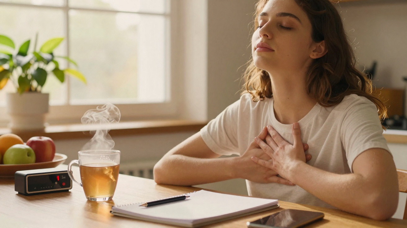 Mulher sentada à mesa com olhos fechados a respirar fundo, com livro aberto, chá quente e relógio digital.