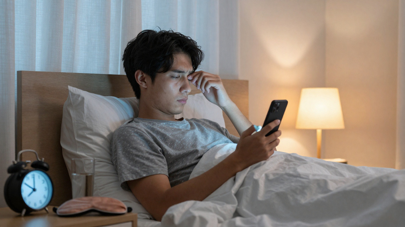 Homem na cama a usar telemóvel, com olhar cansado, luz amarela de candeeiro e despertador no criado-mudo.