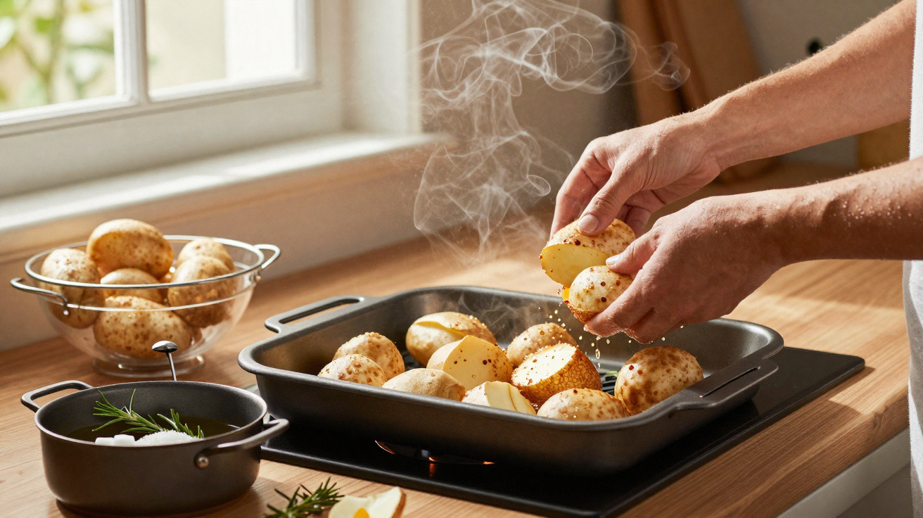 Mãos a temperar batatas cortadas numa forma para forno numa cozinha moderna bem iluminada.