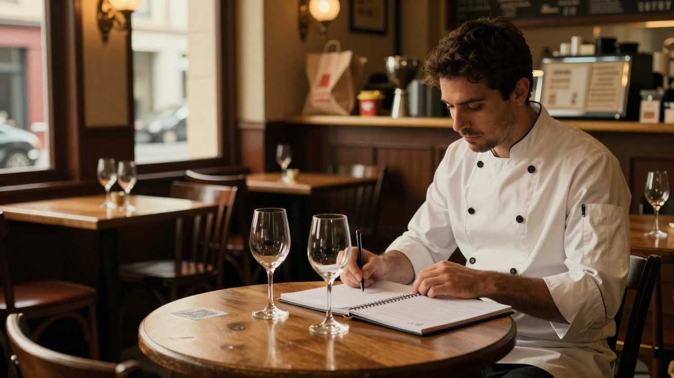 Chef a tomar notas enquanto conversa com cliente numa mesa de restaurante vazio.